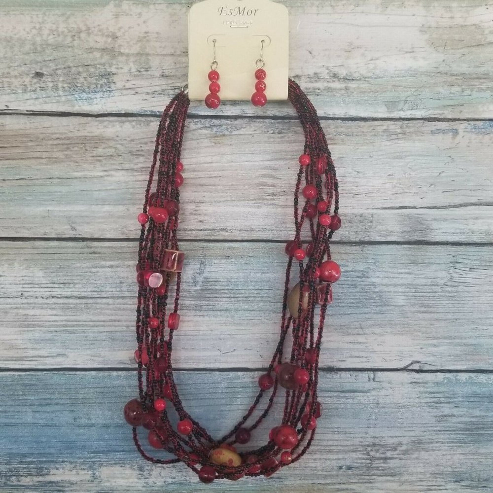 EsMor Red Multi Strand Seed Beaded Set N11
